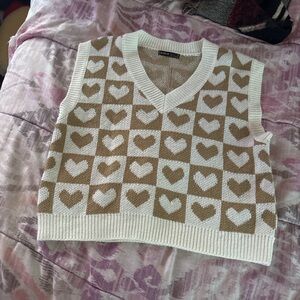 SHEIN White and Tan V-Neck Heart Sweater